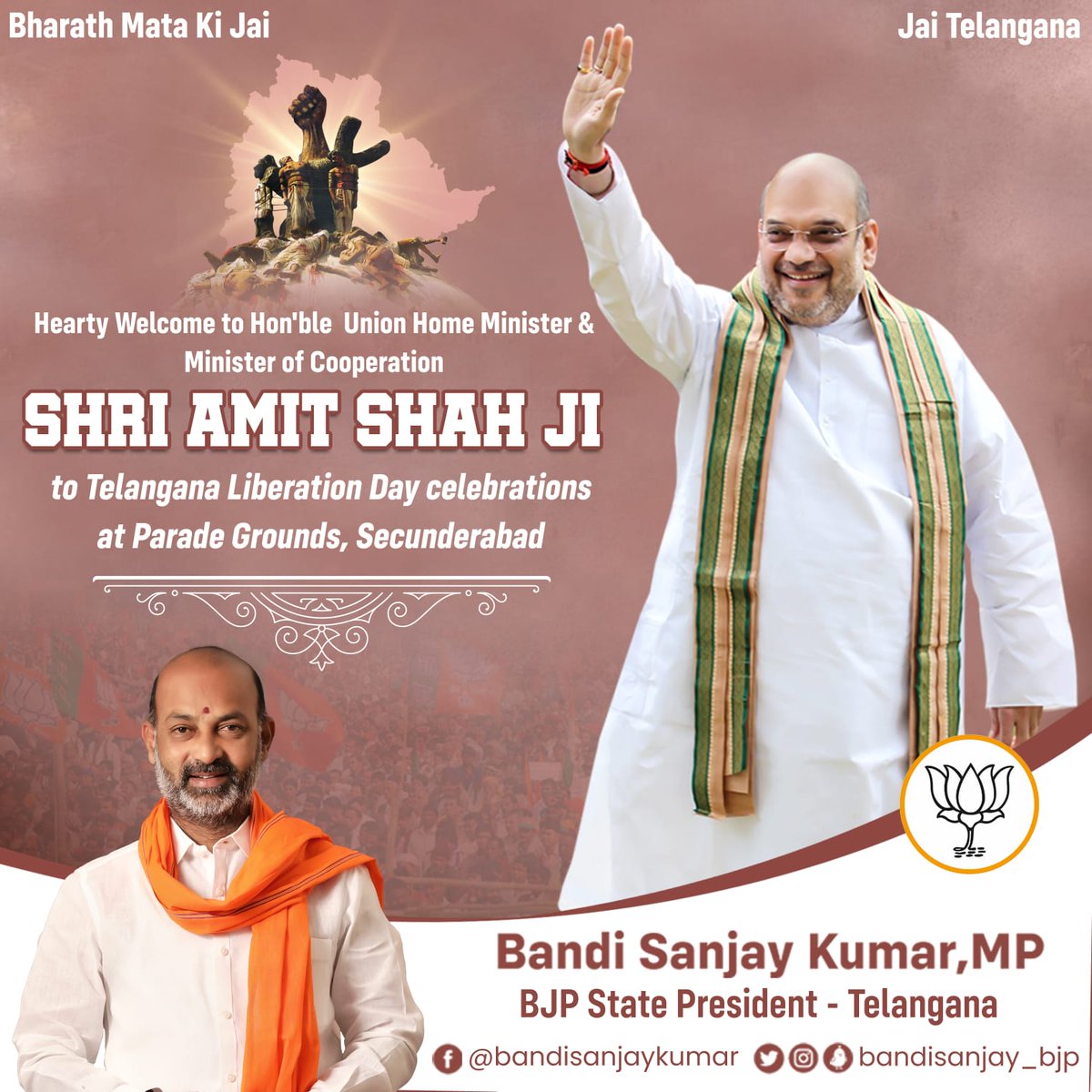 bandisanjay_bjp's tweet photo. Hearty Welcome to Hon'ble Union Home Minister &amp; Minister of Cooperation Shri @AmitShah Ji to #TelanganaLiberationDay celebrations at Parade Grounds, Secunderabad. https://t.co/mitO5BARLS