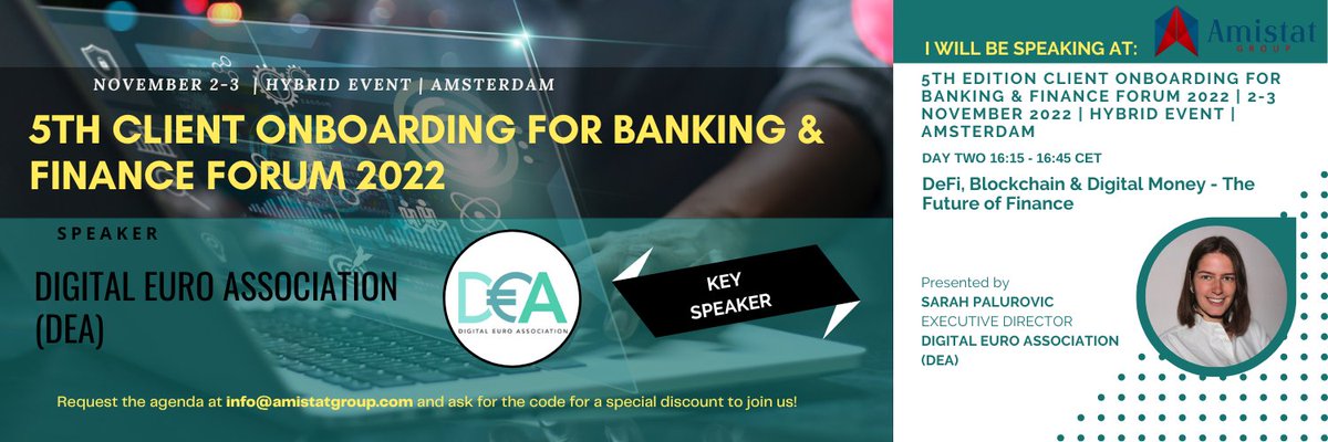 At the upcoming Client Onboarding for Banking &amp; Finance Forum 2022 organized by the <a href="/amistatgroup/">Amistat Group</a>, I am happy to give a live keynote on "DeFi, Blockchain and Digital Money - The Future of Finance" on November 3 on behalf of the <a href="/DigiEuro/">Digital Euro Association</a>