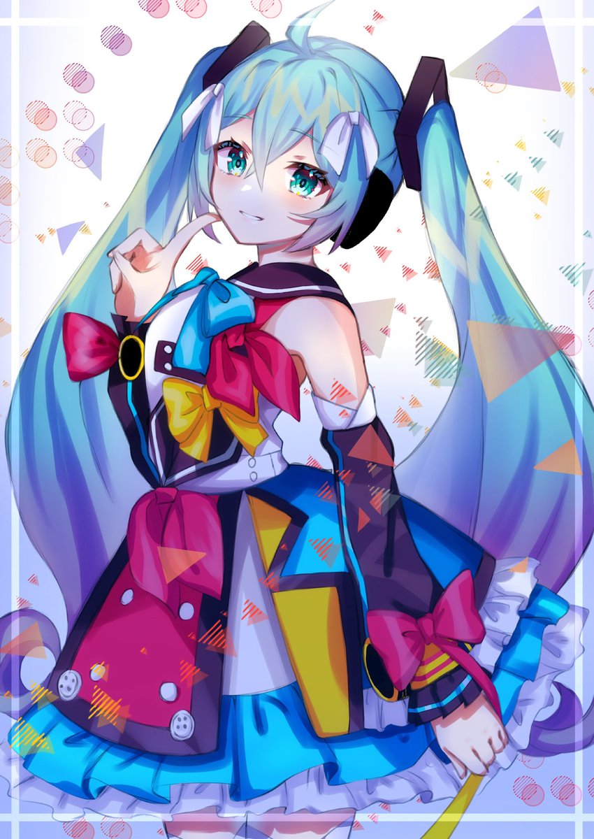 hatsune miku ,magical mirai miku 1girl solo long hair twintails detached sleeves bow smile  illustration images