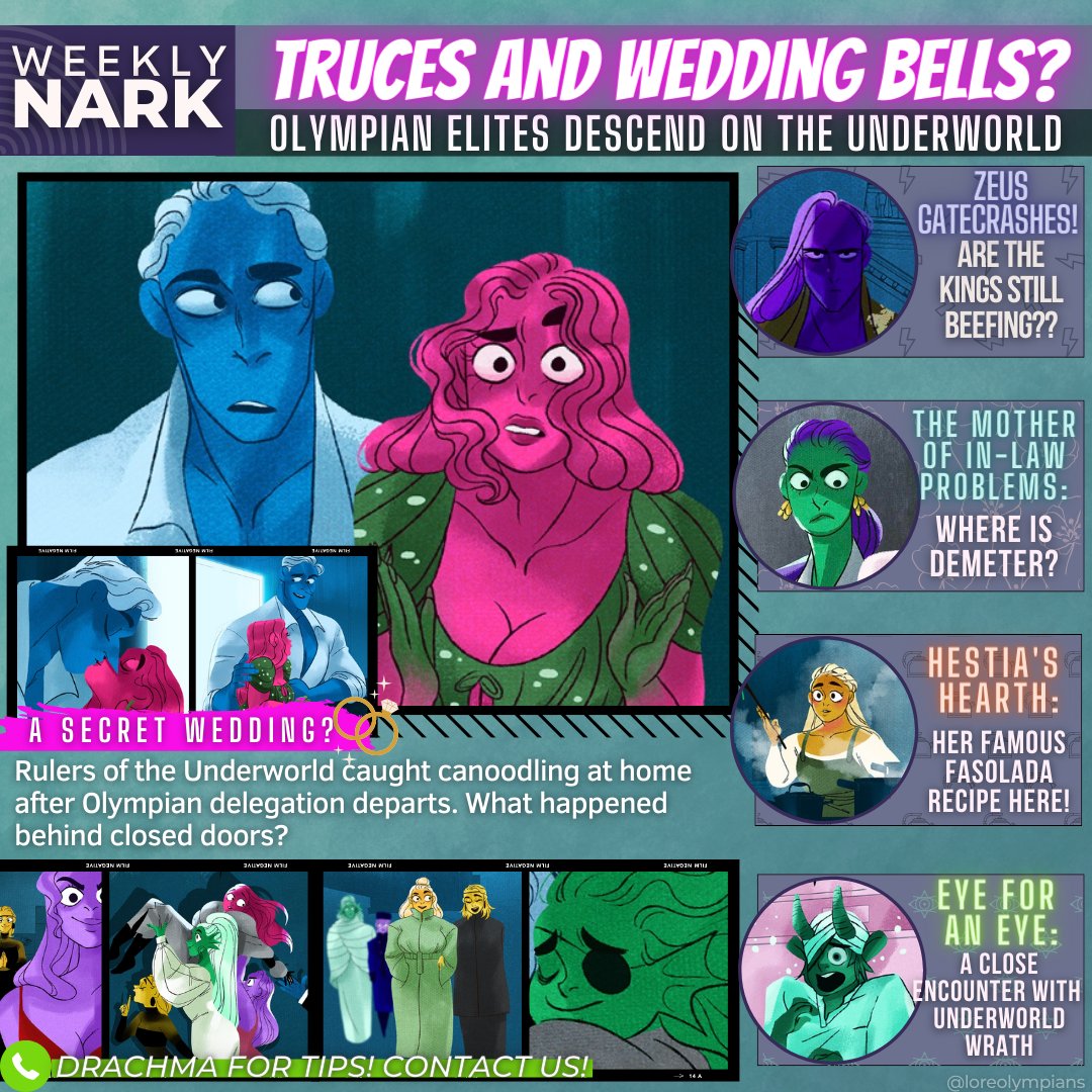 loreolympians's tweet photo. The Weekly Nark is at it again! These tabloids have no sense of decency!😜
---
"Wedding rumors flood out of the Underworld as an Olympian delegation is seen leaving Hades' residence. It can only mean one thing!!"
#loreolympus #loedit https://t.co/GbYOCRJECe