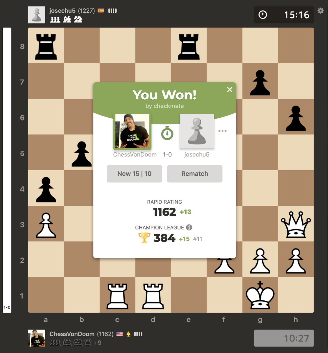 ChessVonDoom's tweet photo. 22-8-2 @chesscom #Roadto1200 Rapid. Coach @NMIHarris will appreciate how I won my opponent's Queen in this one. It was a retreating Knight move that I also fail to see in my own games/puzzles. #chess #chesspunks https://t.co/MbLdGfqn5y