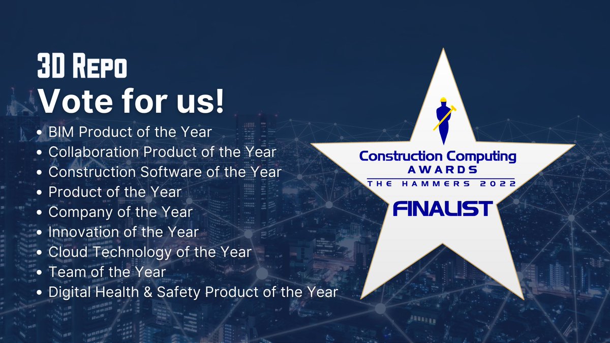 3DRepo's tweet photo. We’re thrilled to announce we’re finalists in the 2022 #ConstructionComputingAwards with nominations in the below categories 🏆
We’d greatly appreciate if you could take a minute of your time to cast your vote! Voting closes 1st Nov, vote for us here: https://t.co/bMpWzvc8Bu https://t.co/LfyENHhk66