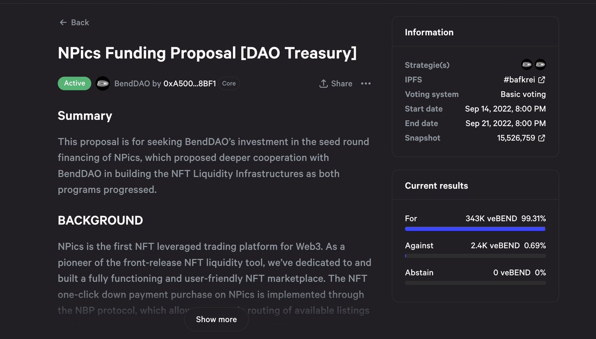 Seems doing well so far. Thanks for the frens from <a href="/BendDAO/">BendDAO 🆕 ApeStaking on ApeChain</a> 

Those who still not vote now can click the links below to participate!

snapshot.org/#/benddao.eth/…

#NPics #SnapShot #NFT #BendDAO