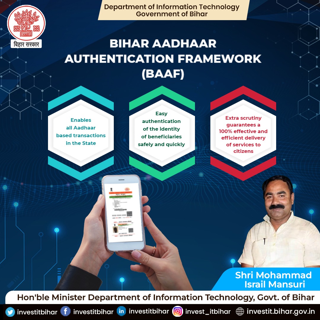 investitbihar's tweet photo. Good Governance with #DigitalTransformation in Bihar through #BAAF (Bihar Aadhaar Authentication Framework) that enables residents to prove their identity based on biometric and /or demographic information, thus making the process of identification convenient and accurate. https://t.co/rtM3zjVMrv