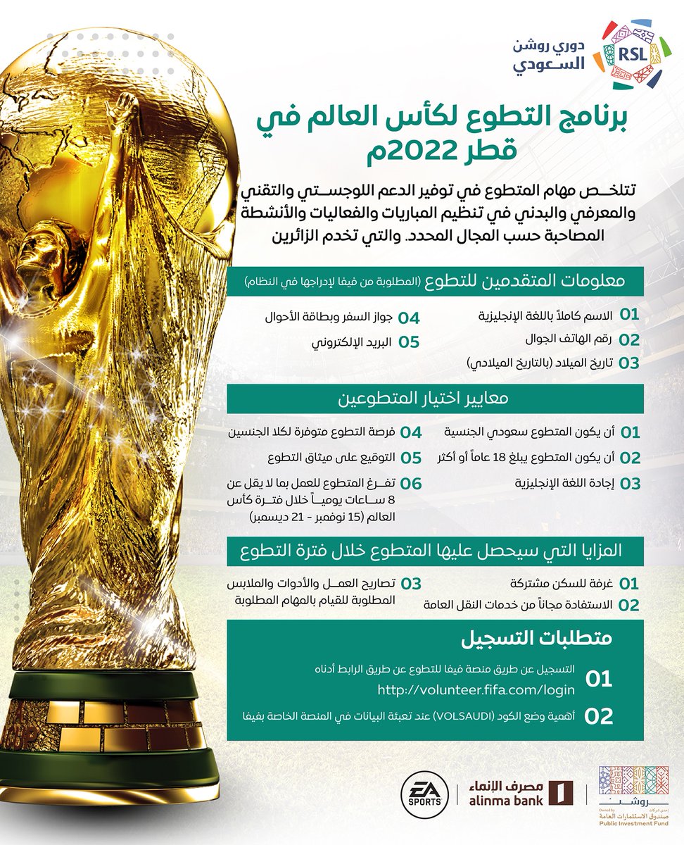 SPL's tweet photo. فرصة تطوّع مع الاتحاد الدولي لكرة القدم #FIFA ⚽️

كن جزءًا من الحدث الكروي الأضخم! #كأس_العالم 2022 ✨ 

يمكنكم التسجيل عن طريق الرابط 👇
⁦https://t.co/iCsyPppPTn https://t.co/zOWU8WoDKq