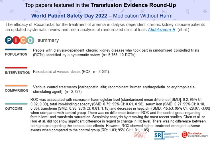TransfusionLib's tweet photo. From the #Transfusion Evidence Round-Up #WorldPatientSafetyDay2022 
The efficacy of #Roxadustat for the treatment of anemia in #dialysis dependent chronic kidney disease patients: 
an updated #systematicreview (...) 
by Abdelazeem et al.
https://t.co/Ho9ReD2uc4 https://t.co/NFsfp19Cfz