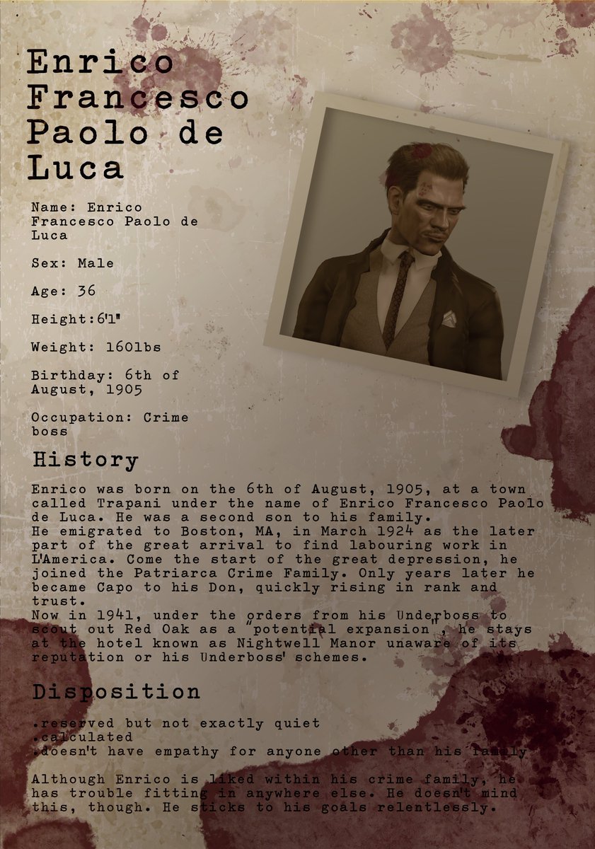 FearsFX's tweet photo. ✔️ Enrico Francesco Paolo De Luca
✔️ 36
✔️ Crime Boss
✔️ 06.08.1905

What do you think of Enrico ? will you pick him? Let us know in the comments. Stay tuned for more.

Why not join our discord to get access to more lore - https://t.co/wHy67CxHhU

#horrorgame #showcase #indiedev https://t.co/nK3uOMKNiX
