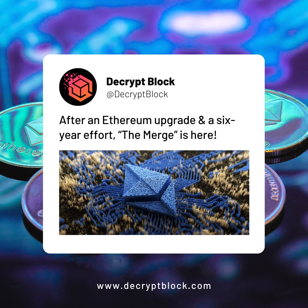 DecryptBlock's tweet photo. After an @ethereum  upgrade &amp; a six-year effort,  #TheMerge is here!
On the @beaconcha_in, the Bellatrix upgrade is required to activate The Merge.
After that, when a certain Total Difficulty value is reached, the #POW chain will switch to #POS.

Source: Ethereum Foundation https://t.co/nhkVWnDhnG