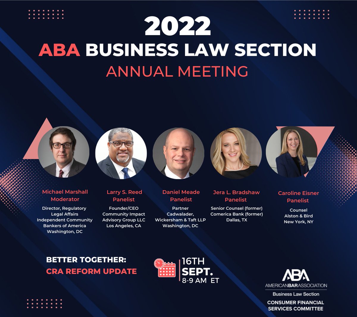 ABABusLaw_CFSC's tweet photo. This program will provide a discussion of the proposed interagency Community Reinvestment Act rulemaking, with a focus on how it may impact community and regional banks, as well as other stakeholders.
#ABA #CFSC #BLSAnnual2022 #ABACFSC #americanbar https://t.co/yRYFVt78YZ