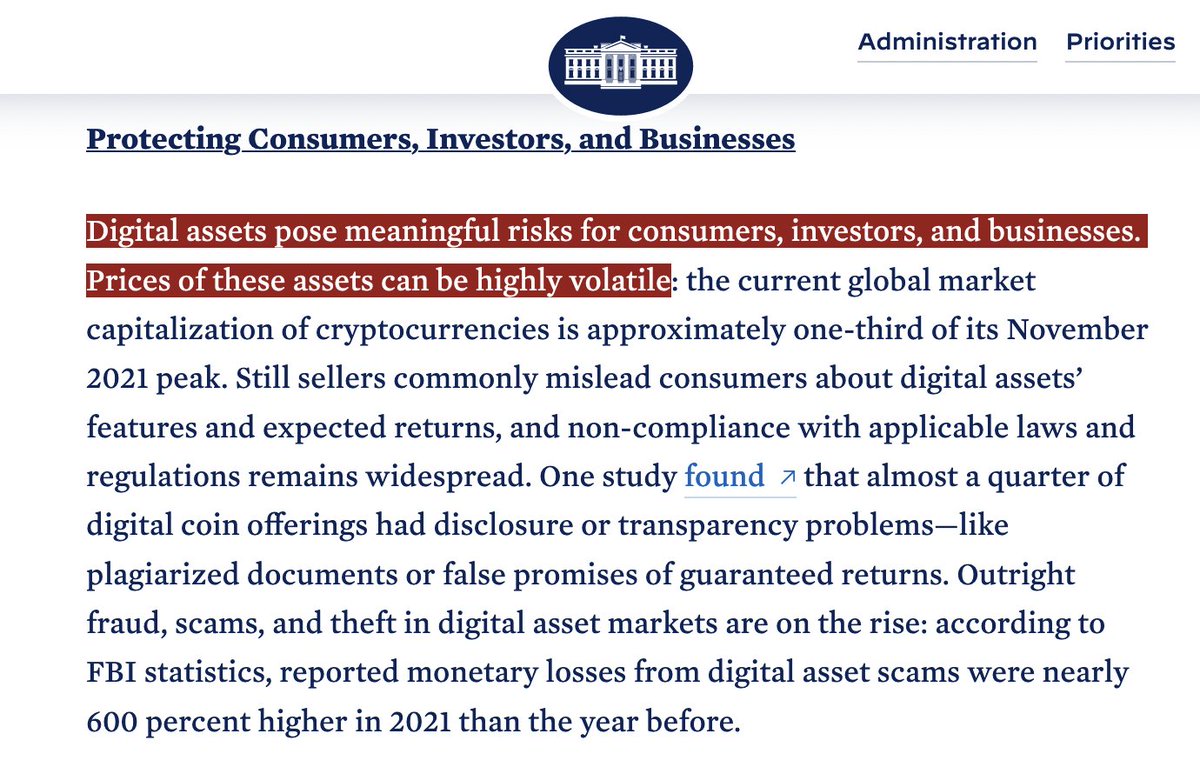 BitcoinMagazine's tweet photo. BREAKING: White House publishes framework for regulation of #Bitcoin and digital assets.

"Digital assets pose meaningful risks" while "a US CBDC has the potential to offer significant benefits." 🤡 🤡 🤡 https://t.co/IjLhJQ2wNu