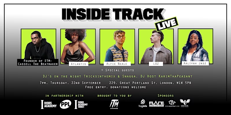 PPLUK's tweet photo. We are excited to attend the showcase of the participants of Inside Track from @IvorsAcademy (proudly supported by PPL) next week at @229london to see performances from Alfie Neale, Atlantis, Loz &amp; Aaliyah Jasz: https://t.co/xcFYeeJblY https://t.co/88IzNfi5xX