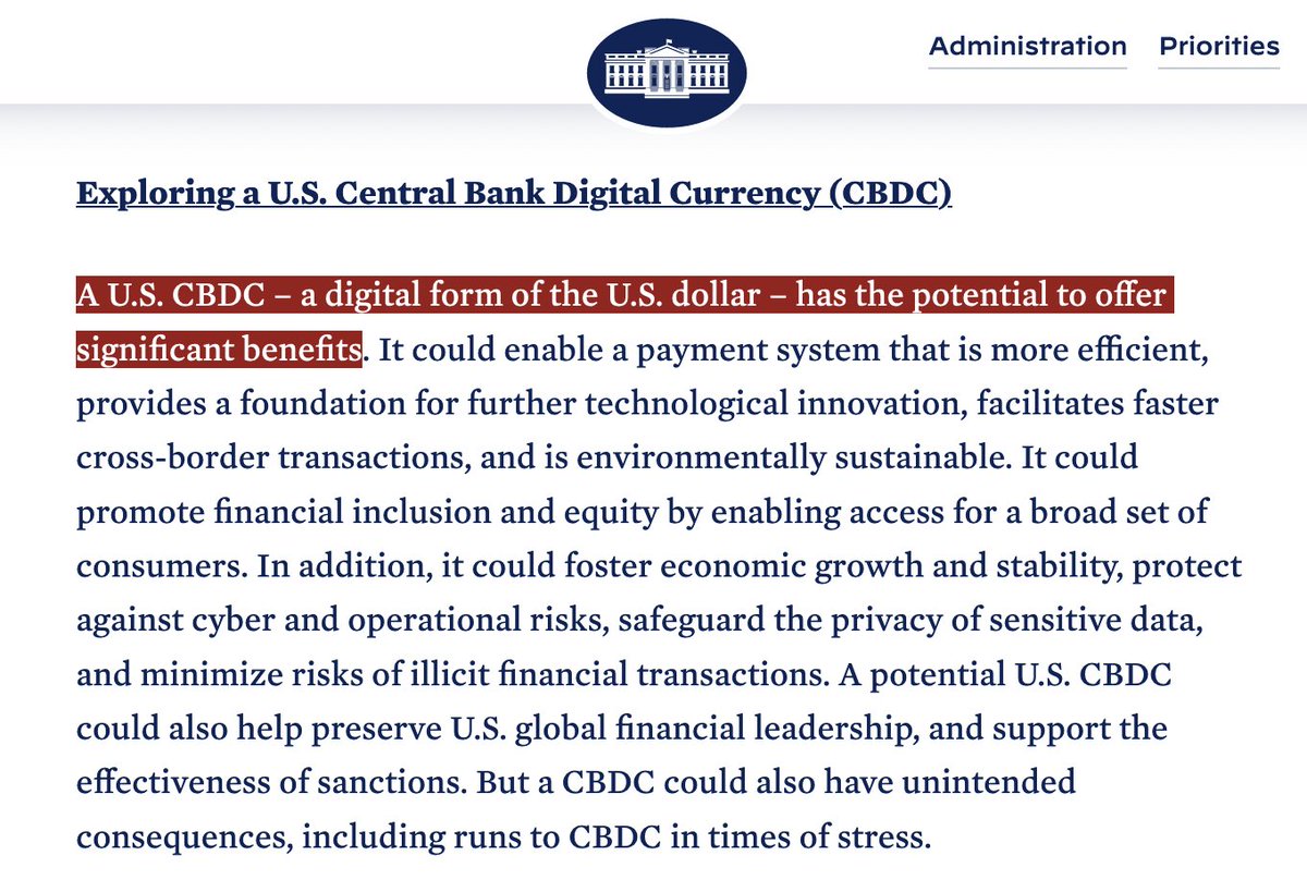 BitcoinMagazine's tweet photo. BREAKING: White House publishes framework for regulation of #Bitcoin and digital assets.

"Digital assets pose meaningful risks" while "a US CBDC has the potential to offer significant benefits." 🤡 🤡 🤡 https://t.co/IjLhJQ2wNu