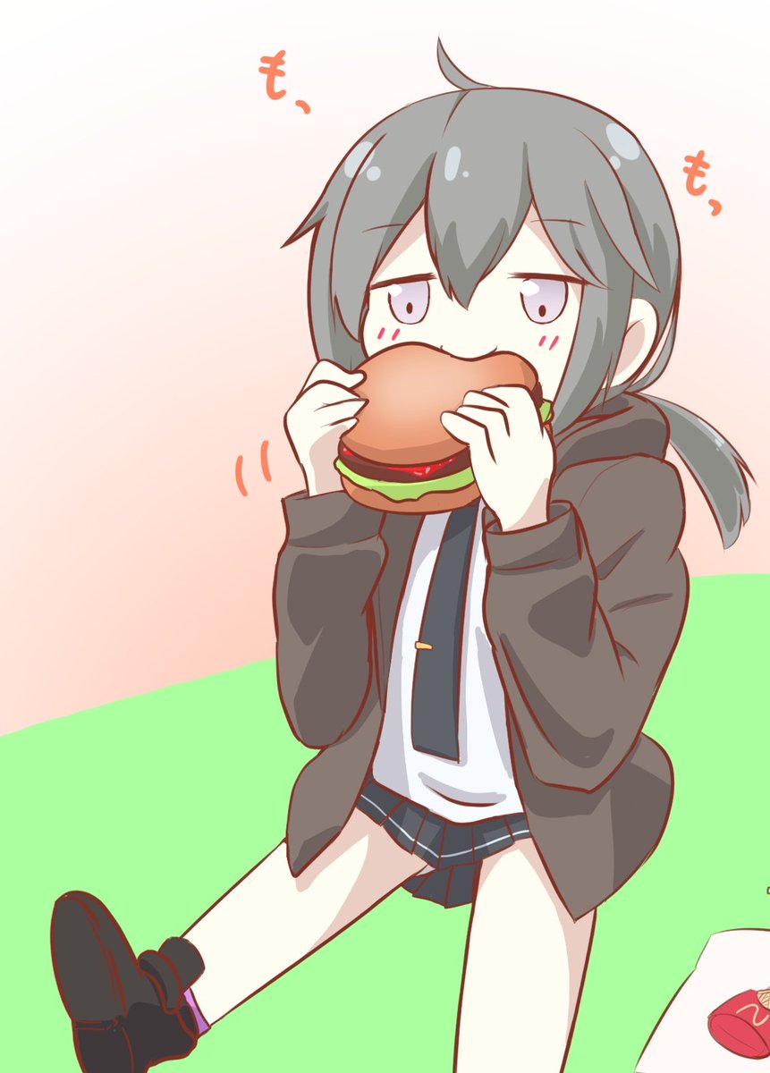 m200 (girls' frontline) 1girl food burger solo eating skirt jacket  illustration images