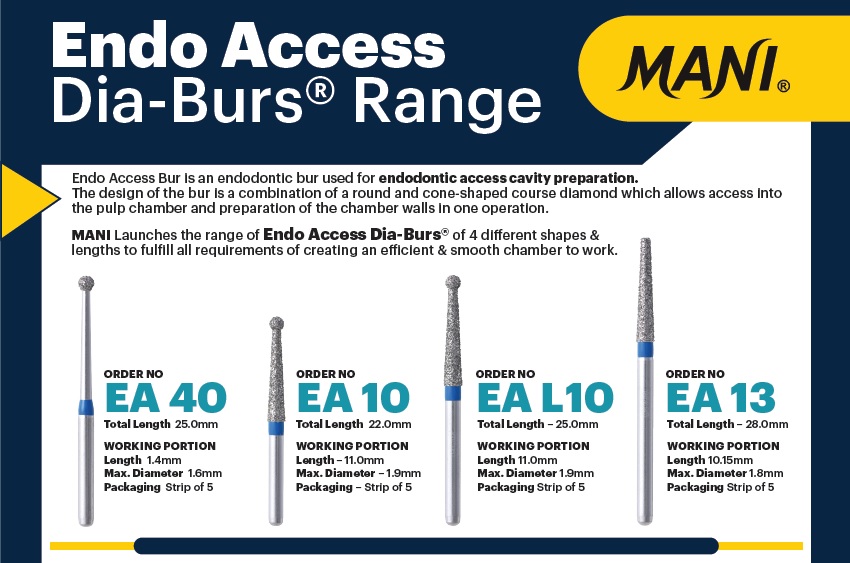 ManiMedicalInd's tweet photo. Team #mani Launches the range of 𝗘𝗻𝗱𝗼–𝗔𝗰𝗰𝗲𝘀𝘀 (𝗘𝗔) 𝗗𝗶𝗮-𝗕𝘂𝗿𝘀® of 4 different shapes & lengths to fulfill all requirements of creating an efficient & smooth chamber to work.
Call us for Enquiry & Orders
#JapaneseStandard #dentalcare #dentistry #japanesequality https://t.co/FIb8n2iuEx