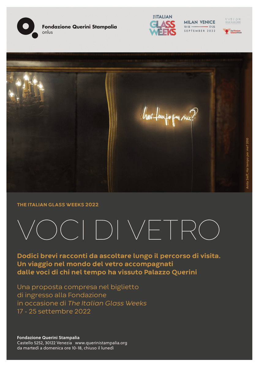 QueriniVenezia's tweet photo. In occasione della #GlassWeek proponiamo 'Voci di Vetro'.
Dodici brevi racconti da ascoltare lungo il percorso di visita: un viaggio accompagnati dalle voci di chi nel tempo ha vissuto il Palazzo.
Dal 17 al 25 settembre!
@veniceglassweek https://t.co/ooTZso9b53