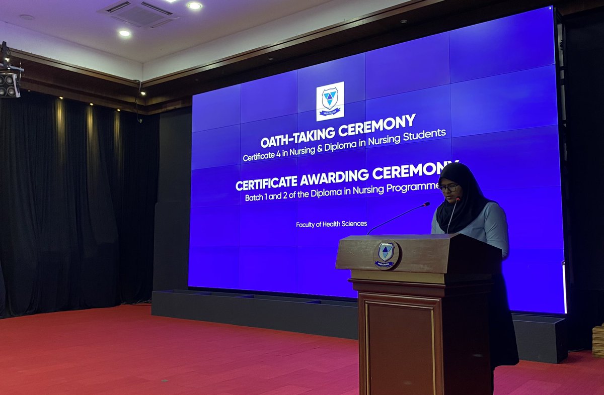 VillaCollegeMv's tweet photo. Recitation from the Holy Quran by Alya Ivan Latheef, Student, Villa International High School.

#oathtaking #certificateawarding #nursingprogramme #studyatvc https://t.co/IC3unJS9ga