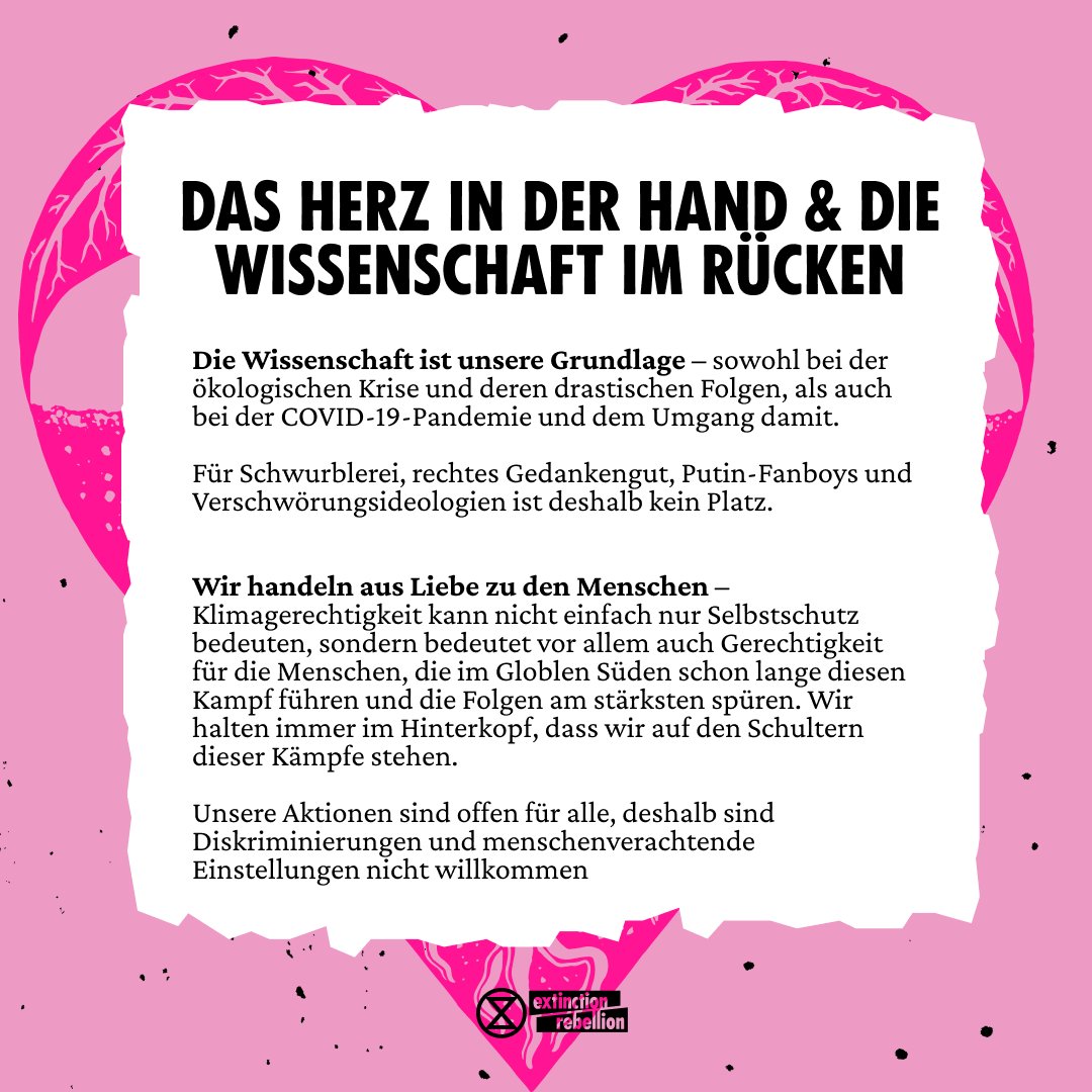 Wir setzen uns für ein, dass Klima, Natur, die soziale Frage und Menschenrechte nicht gegeneinander ausgespielt werden.

Auf unseren #Herbstrebellion-Aktionen stellen wir uns gegen jegliche Diskriminierungen, verschwörungsideologisches Geschwurbel und rechtes Gedankengut!