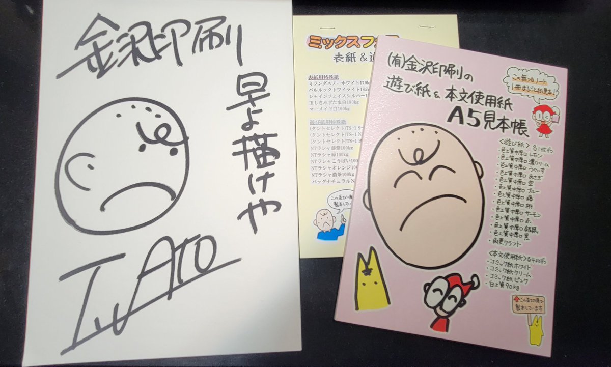 金沢印刷さんの見本帳、A5サイズでマジ見易い!!
毎度ながらオマケのノートも有り難く使わせて頂きヤス🙏
アナログ原稿差し込む私には金沢印刷さんマジメシアですわ✨✨ 