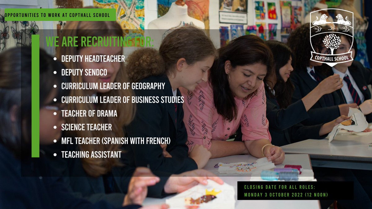 We are recruiting. Come and join our ambitious, supportive, and wonderful school that is moving forward with exciting times ahead. Led by TES Headteacher of the Year <a href="/Evelynforde1/">Evelyn Forde MBE</a>. More info on all roles copthallschool.org.uk/219/staff-recr… #schoolrecruitment #schoolvacancies #millhill