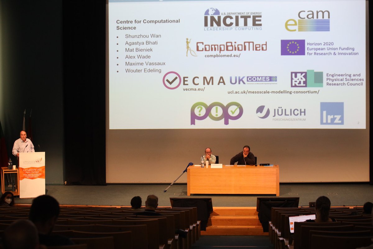 InSilicoWorld's tweet photo. In the CompBioMed session held at #VPH2022 M.Viceconti, M.Vazquez, G.Zavodszky, P.Coveney discussed the opportunities &amp; challenges of using #exascale computing in Computational Biomedicine, and the services the @bio_comp Centre of Excellence can offer to the #research community. https://t.co/B4YlA6SFen