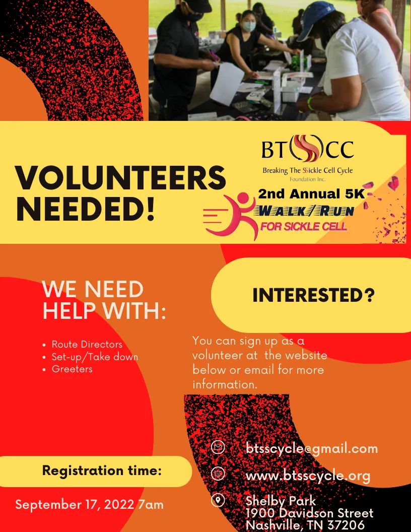brkthesscycle's tweet photo. Do you want to help support the 2nd Annual Sickle Cell Warrior Walk/Run 5K  behind the scenes?  We have room for you!! Register as a Volunteer Today! https://t.co/zpqqrnf9XU https://t.co/FkabVKptcZ