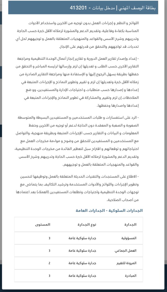 QARAR_KSA's tweet photo. @za_sdte1567 تغيير المسمى الوظيفي تم بناءً على إعادة التصنيف وتطبيق التصنيف السعودي الموحد للمهن والذي بدأ العمل به من تاريخ 1443/7/1هـ
وظيفة مدخل بيانات متقدم بالمرتبة الثامنة هي أعلى نطاق التدرج المهني للوظيفة وهنا بطاقة الوصف المهني توضح بيانات الوظيفة والمهام الرئيسية والأدوار المهنية https://t.co/WN8zwoeBsG