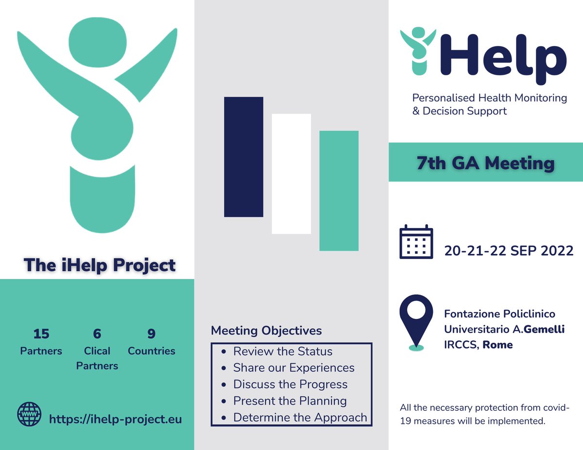 iHelp_Project's tweet photo. ๐It's time for the next @iHelp_Project GA Meeting!
The 7th #iHelp General Assembly meeting will be held in #Rome on 20-22 Sep 2022.
๐Looking forward to meeting each other at Fondazione Policlinico Universitario Agostino #Gemelli IRCCS.
#GAmeeting #iHelp #iHelpProject #Rome https://t.co/a0ue4LlsNp