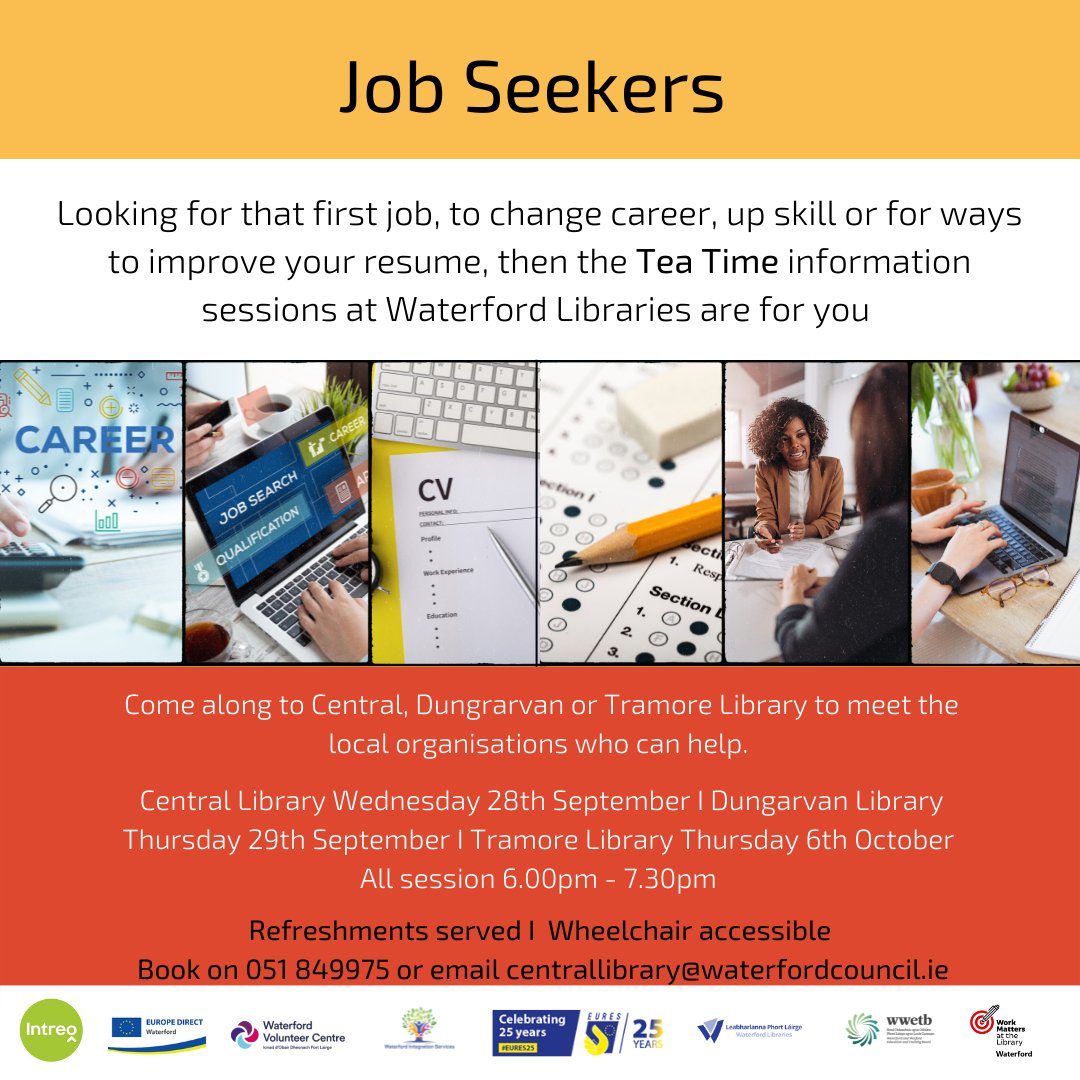 WaterfordLibs's tweet photo. Are you looking for work, to change career, or ways to improve your CV?
Employment Info Sessions at #Waterford Libraries - coming up this week at Central Library and Dungarvan Library. https://t.co/7ts0A8lKXr