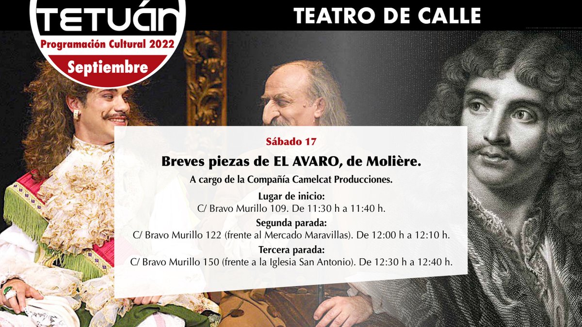 JMDTetuan's tweet photo. 🔈 #Teatro en las calles de #Tetuán
🎭 Este sábado 17 #CamelCat recorre Bravo Murillo con fragmentos de 'El Avaro'
📌Tres pases y ubicaciones distintas como el @mdomaravillas
#12Meses12Artes #DistritodeTetuán #FelizFinde
👉https://t.co/GrbFHOezbs https://t.co/exHX7JJYuP