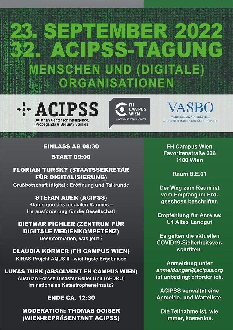 ZentrumSM's tweet photo. "Desinformation, was jetzt?" 

Save the date - 23.09.2022 #Wien: Programmdirektor @DietmarPichler1  wird einer der Speaker der nächsten ACIPSS-Tagung sein.
Mehr Infos zu Ort und Anmeldung hier: ⬇️ https://t.co/PBCeV6mkZq