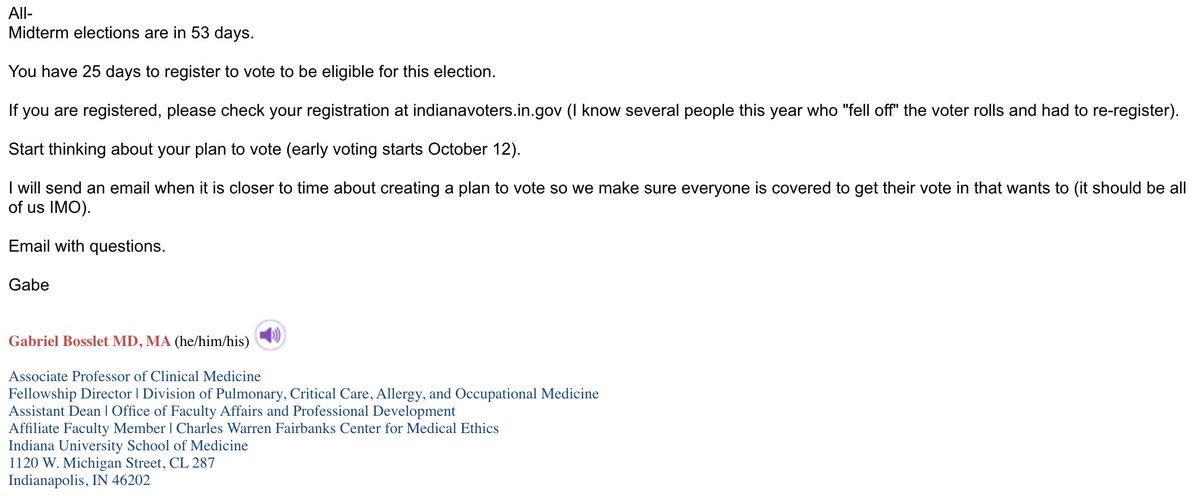 gbosslet's tweet image. #HoosierTwitter

In Indiana, you have 25 days to register to vote to be eligible for the November 8 election

This one is important

Check your registration to be sure it is ready to go at indianavoters.in.gov

Send an email to co-workers reminding them
