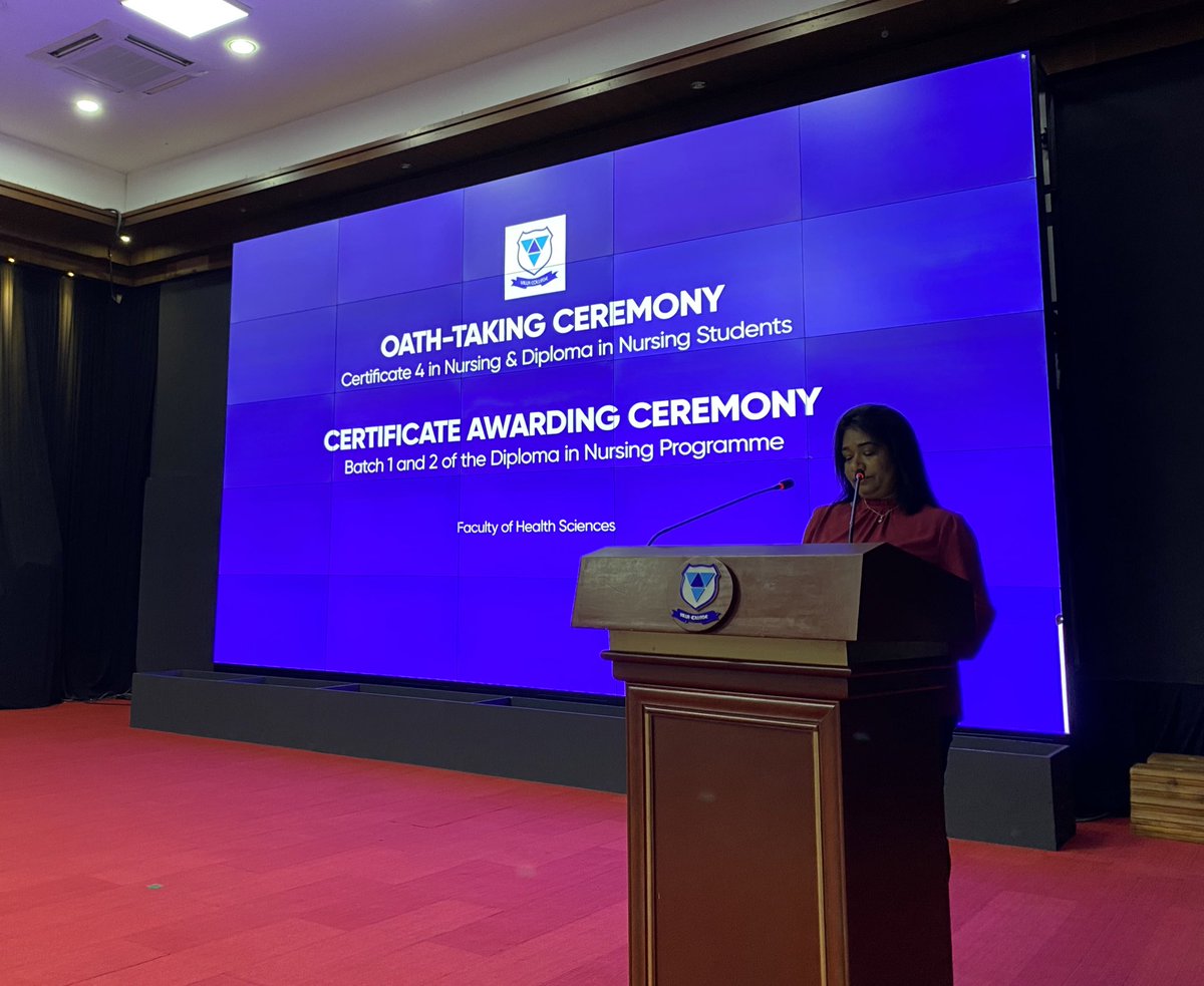 VillaCollegeMv's tweet photo. Invocation of oath and remarks by Ms. Thasleema Usman, Commisioner of Quality Assurance, @MoHmv.

 #oathtaking #certificateawarding #nursingprogramme #studyatvc https://t.co/dWYb5ib01q