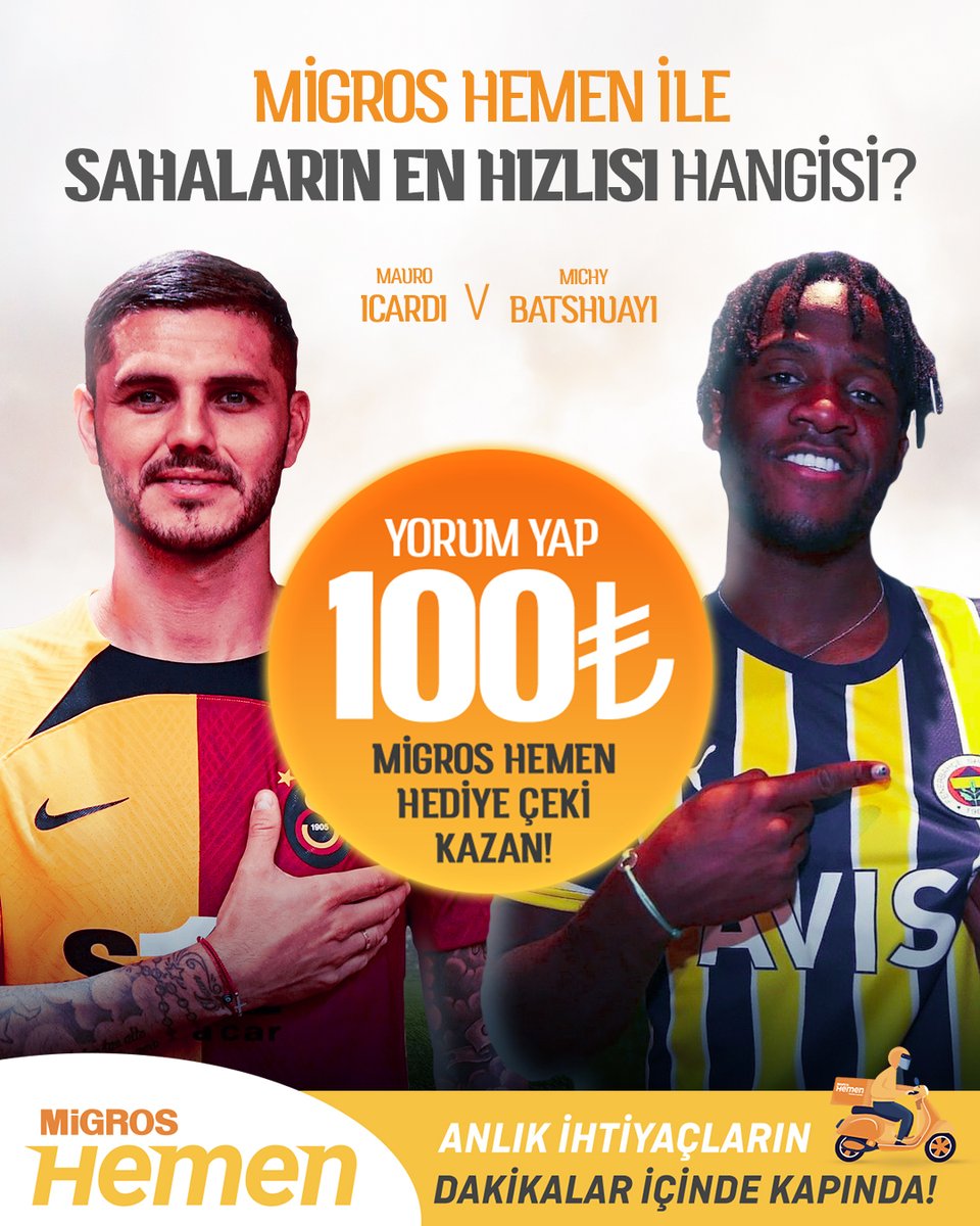 🚀 #MigrosHemen ile Sahaların Hızlısı! 🧐 Senin tercihin hangisi?

✅ Yorum yap
✅ Paylaşımı beğen ve RT yap

🎁 10 kişiye 100 TL değerinde Migros Hemen hediye çeki!

📍 Sonuç: 20 Eylül 2022

📲 Anlık tüm market ihtiyaçların dakikalar içinde kapında! 👉 bit.ly/MigrosHemen-TW
