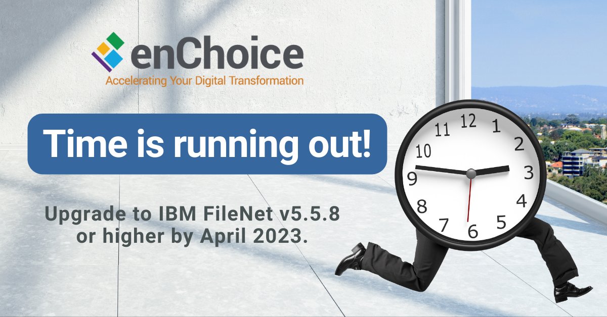 enchoice's tweet image. Are you aware that if you do not upgrade to #IBM #FileNet v5.5.8 or higher by April 2023, you will no longer receive security fixes? Join our upcoming webinar and learn why it is so important to upgrade! attendee.gotowebinar.com/register/73368…