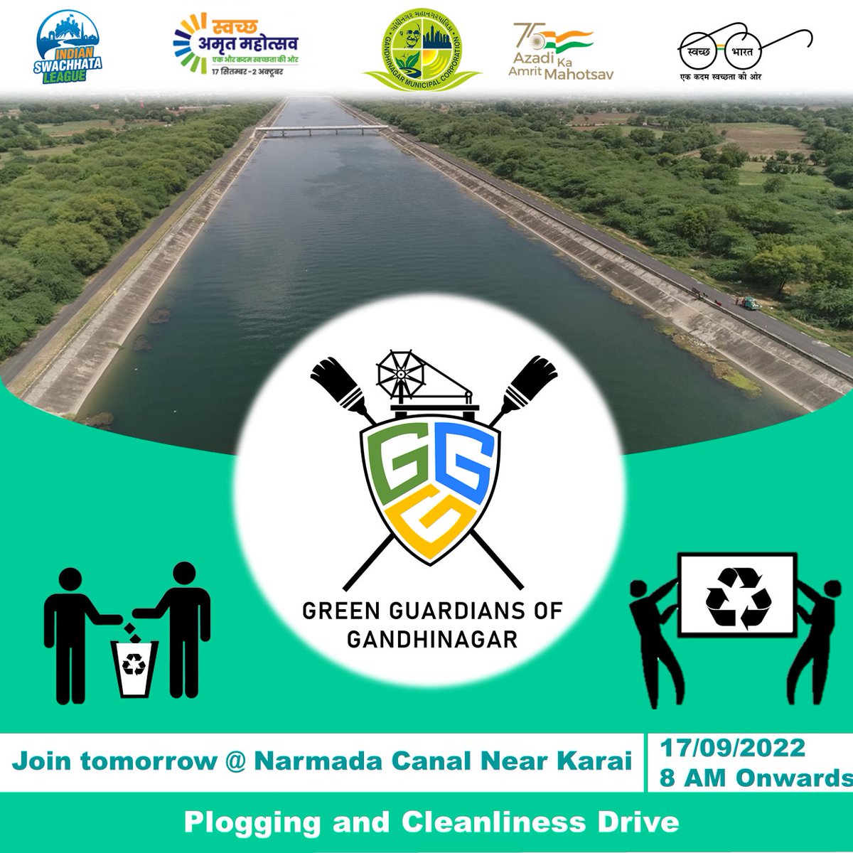 GandhinagarMC's tweet photo. GMC invites all the residents of Gandhinagar to join our team #GreenGuardiansOfGandhinagar tomorrow at Ambapur Ni Vav, Narmada Canal, and Sector 21 market and participate in the #Plogging and Cleanliness drives.  Let's together make our city a  #GarbageFreeCity. #YouthVsGarbage https://t.co/zQX0rDwPyc