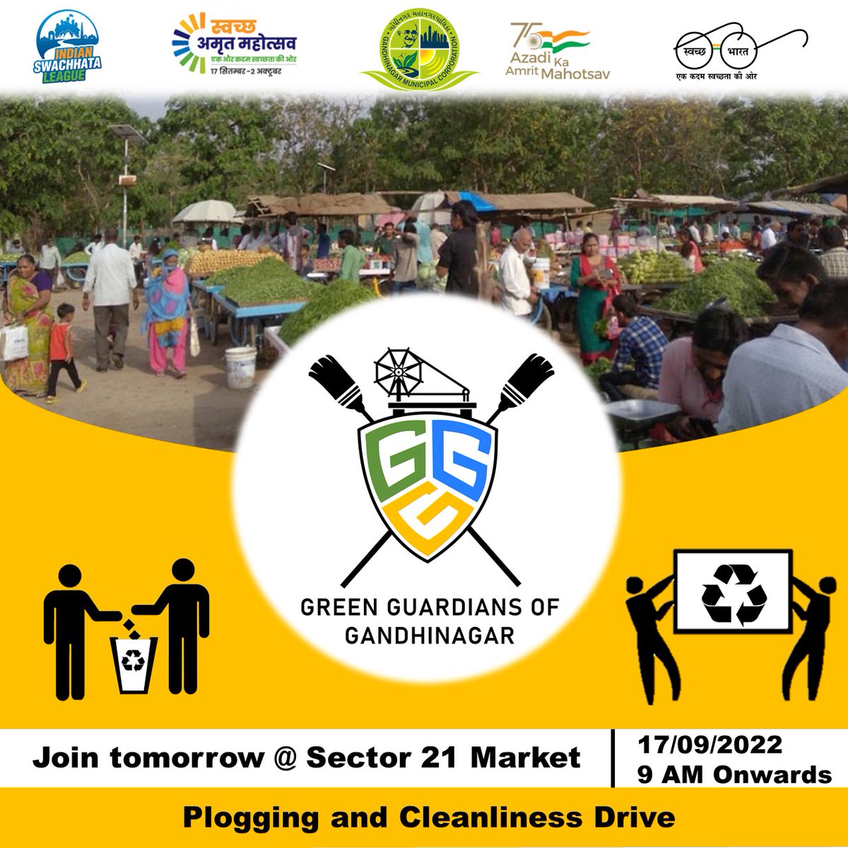 GandhinagarMC's tweet photo. GMC invites all the residents of Gandhinagar to join our team #GreenGuardiansOfGandhinagar tomorrow at Ambapur Ni Vav, Narmada Canal, and Sector 21 market and participate in the #Plogging and Cleanliness drives.  Let's together make our city a  #GarbageFreeCity. #YouthVsGarbage https://t.co/zQX0rDwPyc