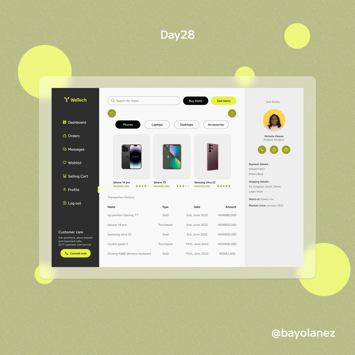 bayolanez's tweet image. #Day28 Designed a Dashboard and a profile page for the web app #I4GDesignChallenge #I4G30DaysofDesign @Ingressive4Good @IMTConf