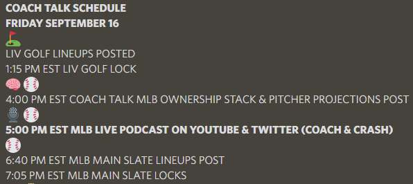 DFSCoachTalk's tweet photo. Come spend your Friday with @DFSCoachTalk 💰
@PlayBoomSports #DFS #MLB #LIVGolf 
#WIN #winninglineups #dfscoachtalk https://t.co/PTiSzqCXmP