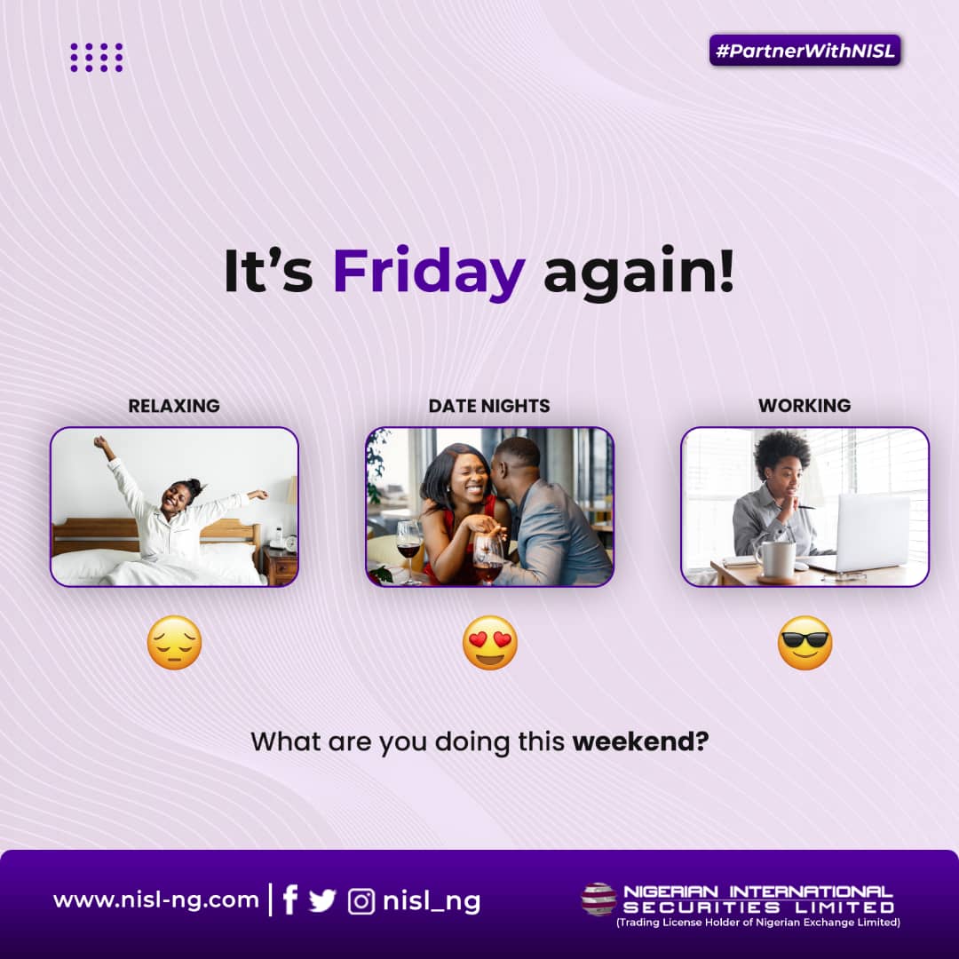 nisl_ng's tweet photo. When you realize it's Friday and you're going to bid your colleagues goodbye and enjoy a wonderful weekend. Never forget to #PartnerwithNISL. 

#Stockmarket 
#investment 
#FridayFeeling https://t.co/nSbQUN1XWd