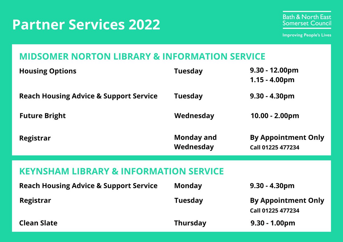 bnes_libraries's tweet photo. Our weekly Partners calendar lets you know where you can meet with our partners at our Libraries and Information & Advice Services!
π‘β
#VirtualLibrary #BathnesLibraries #PartnerServices https://t.co/hRyQmIqQmB