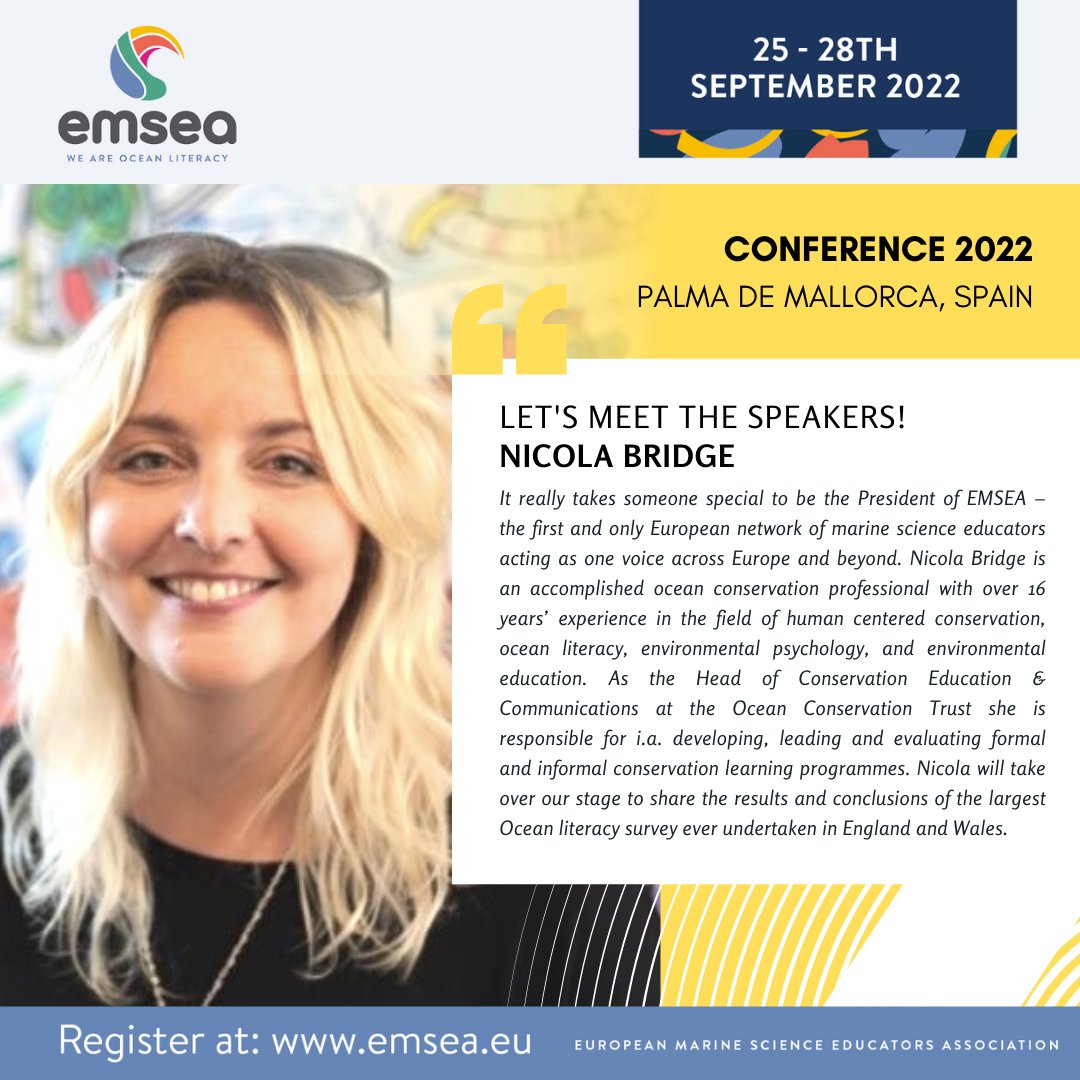 EMSEA (@emseassociation) on Twitter photo 😎Let's "Meet the speakers" of #EMSEA2022
🥰<a href="/Ocean_Nic_B/">Nicola Bridge</a> is our very own #EMSEA President & an accomplished #oceanconservation professional at <a href="/OceanCTrust/">Ocean Conservation Trust</a> 🙌 💙
✍️Don't miss our Conference in Palma de Mallorca 🇪🇸 from 25-28 September‼️
👉Register 🔜 bit.ly/3dAXjog 😎Let's "Meet the speakers" of #EMSEA2022
🥰<a href="/Ocean_Nic_B/">Nicola Bridge</a> is our very own #EMSEA President & an accomplished #oceanconservation professional at <a href="/OceanCTrust/">Ocean Conservation Trust</a> 🙌 💙
✍️Don't miss our Conference in Palma de Mallorca 🇪🇸 from 25-28 September‼️
👉Register 🔜 bit.ly/3dAXjog