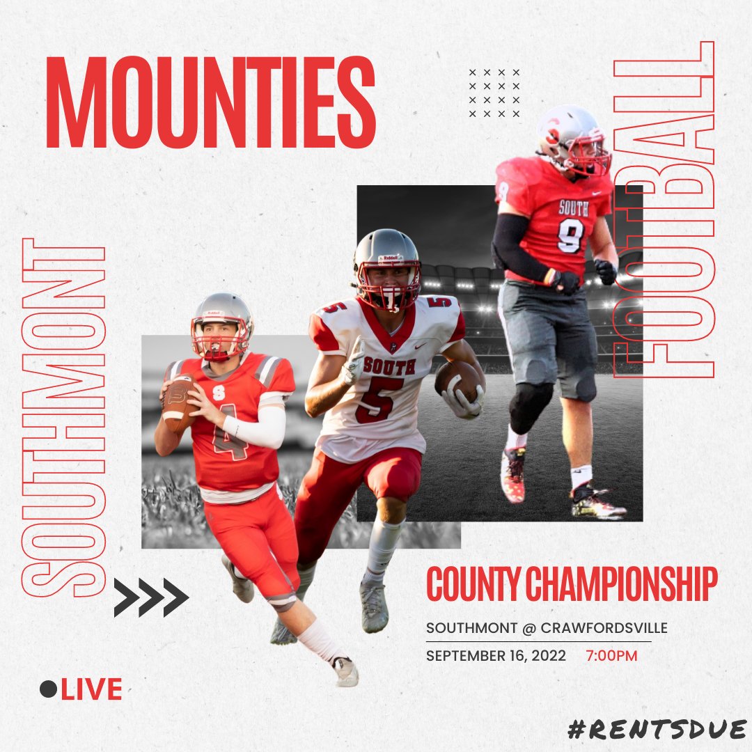 🚨COUNTY CHAMPIONSHIP FRIDAY ALERT 🚨
📌Crawfordsville Highs School
🕖7:00 PM
📅Tonight, 9.16.22

#RENTSDUE #ProudToBeAMountie #OneTeamOneGoal #MountieCounty