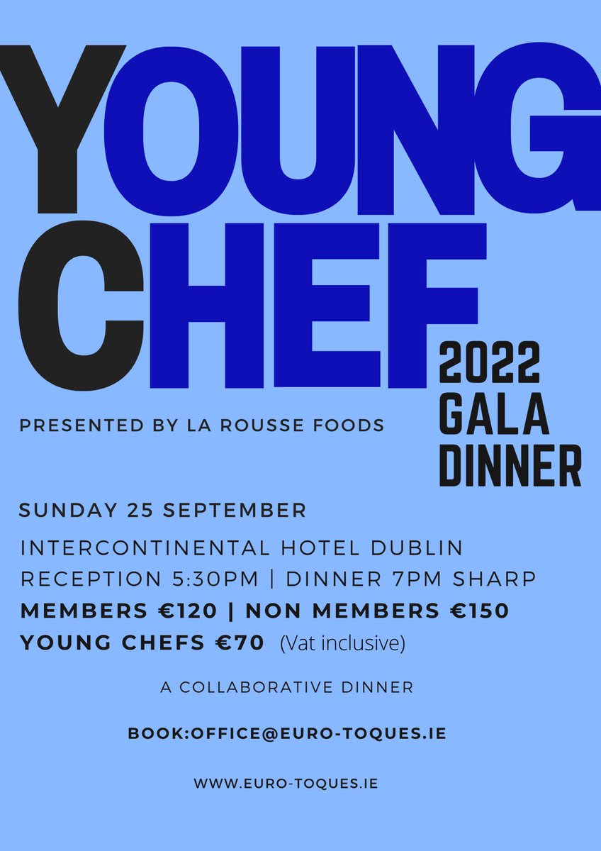 Euro-toques Ireland (@eurotoques_ire) on Twitter photo BOOK office@euro-toques.ie
The @EurotoquesIrl Young Chef of the Year Gala Dinner 2022 presented by <a href="/Laroussefoods/">La Rousse Foods</a> will be held at <a href="/InterConDublin/">InterContinental Dublin</a> on Sun 25 Sep 2022.
After a two-year hiatus from the competition, we are celebrating the 30th year of the Young Chef Competition. BOOK office@euro-toques.ie
The @EurotoquesIrl Young Chef of the Year Gala Dinner 2022 presented by <a href="/Laroussefoods/">La Rousse Foods</a> will be held at <a href="/InterConDublin/">InterContinental Dublin</a> on Sun 25 Sep 2022.
After a two-year hiatus from the competition, we are celebrating the 30th year of the Young Chef Competition.