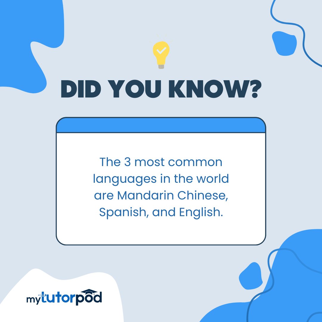 Did you know about the 3 most common languages in the world? 

#MyTutorPod #OnlineEducationPlatform #OnlineClasses #TuitionOnline #QualifiedTeachers #QualityEducation #FunFact #DidYouKnow #Languages