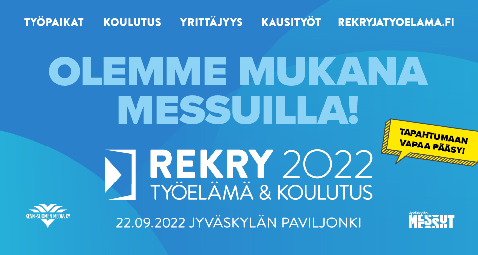 Olemme mukana Rekry, työelämä &amp; koulutus -tapahtumassa Jyväskylän Paviljongissa 22.9. Tulethan sinäkin!
laukaa.fi/tyo-ja-yrittam… #laukaa #liekkiälaukaaseen #rekry