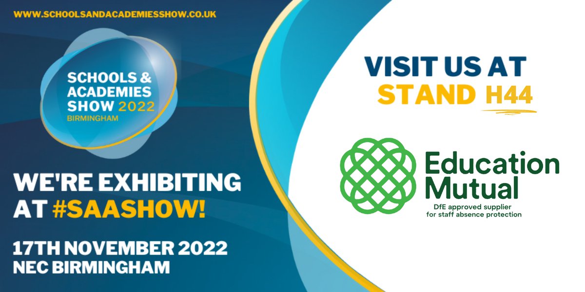 We are exhibiting at the #Schools &amp; #Academies Show on 17th November at the <a href="/thenec/">The NEC</a>, Birmingham!

Register for free to meet us and learn more about Education Mutual | hubs.la/Q01m84wg0  

#SAAShow <a href="/SAA_Show/">Schools & Academies Show</a> #StaffAbsenceProtection