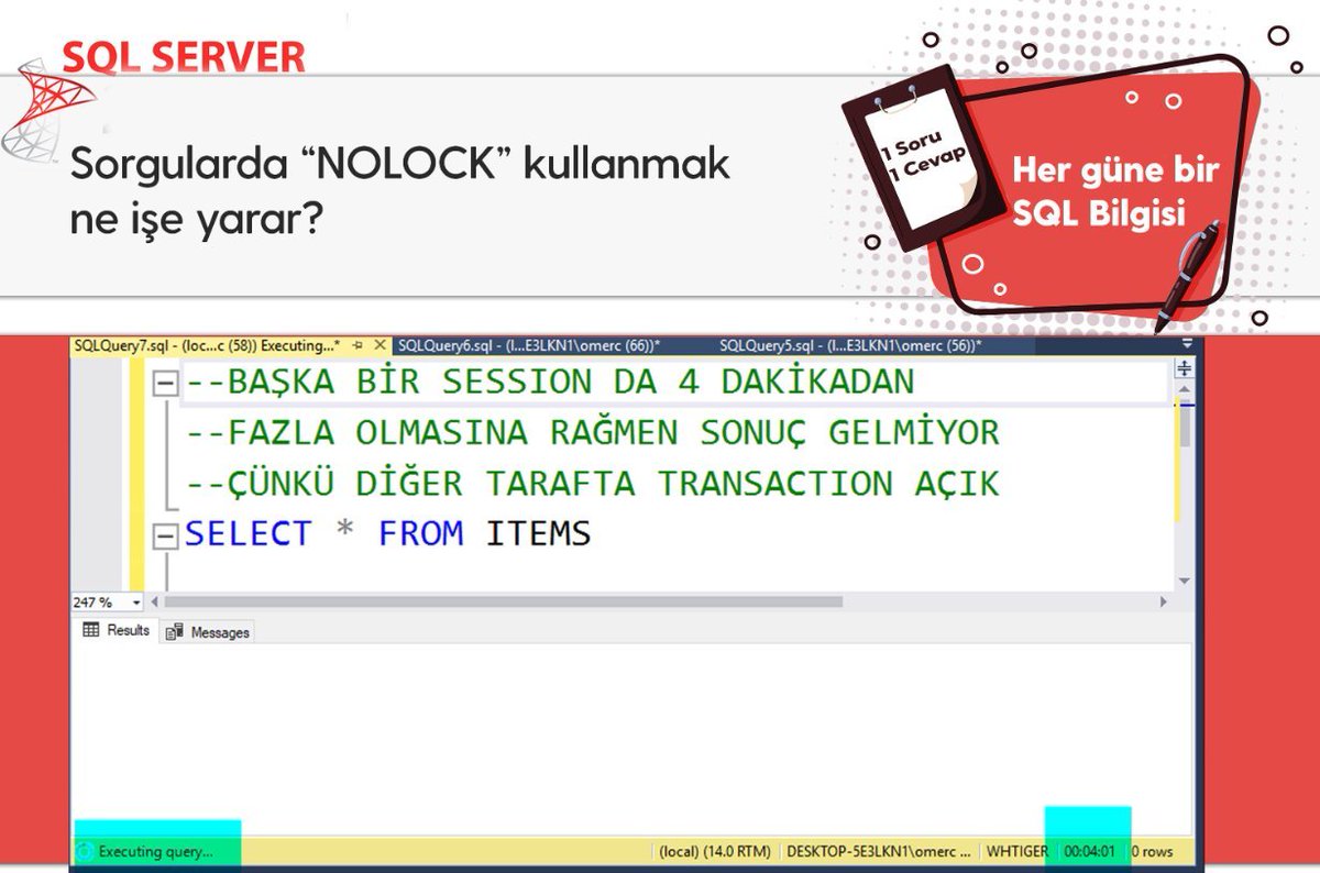 omer_colakoglu's tweet photo. Sorgularda “NOLOCK” kullanmak ne işe yarar?
#hergüne1sqlbilgisi #nolock #queryhint https://t.co/L6nCoxE1Y8