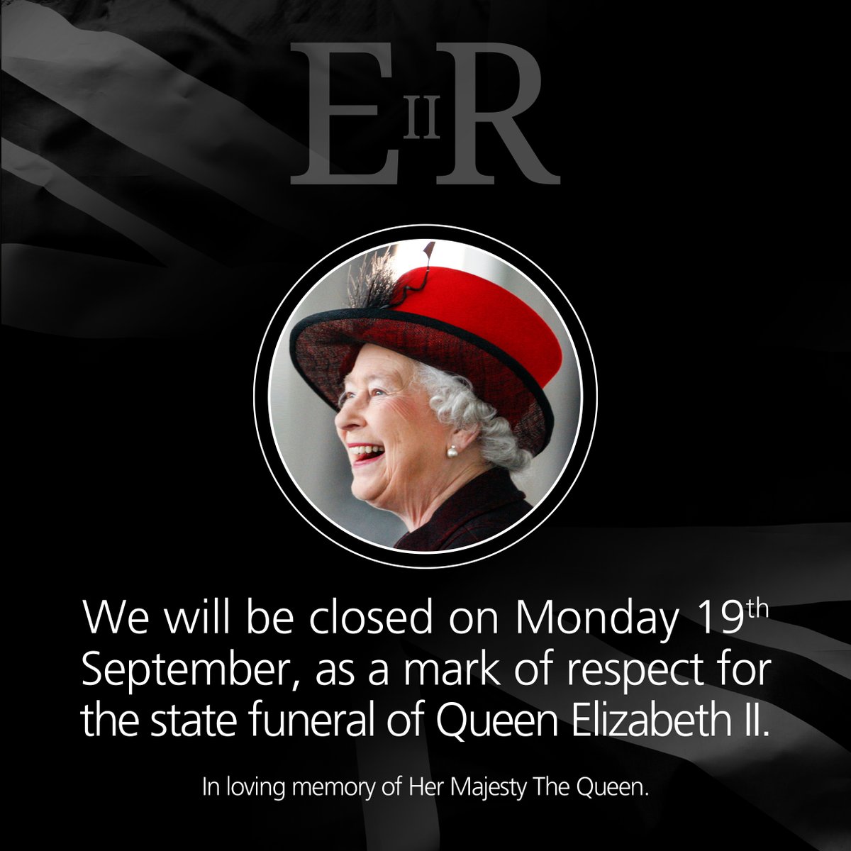 martincoexeter's tweet photo. We will be closed on Monday 19th September, as a mark of respect for the state funeral of Queen Elizabeth II. 

In loving memory of Her Majesty The Queen. https://t.co/RxOm2e3Njc