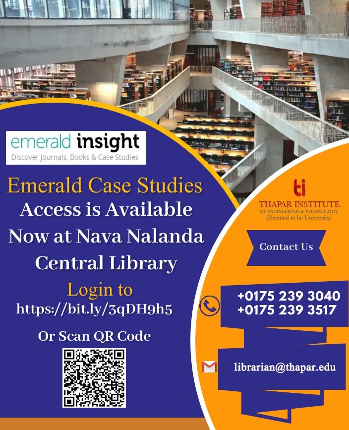 Access to "Emerald Case Studies" is available now at Central Library, Thapar Institute of Engineering &amp; Technology. 

Link to access:

emerald.com/insight/conten…

Remote Access (Off Campus Access):
idp.thapar.edu

For more details, please contact: cl.thapar.edu