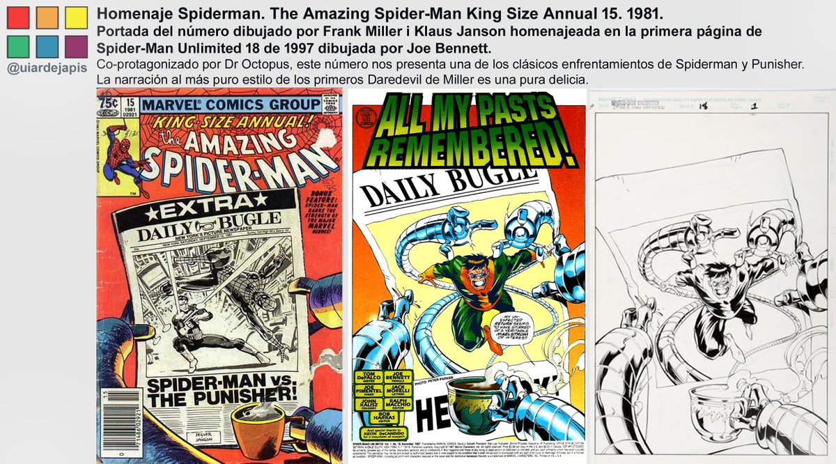 uiardejapis's tweet photo. Homenajes Marvel variados:
Spidermans de Miller y de Vess, Punisher de Janson, Capitán América de Milgrom.
Homenajeando Acuña, Checchetto, Parrillo .... 

@FrankMillerInk 
@klausjansonnyc 
@MChecC 
#parrillo
#acuna
#homen_marvel
#homen_spiderman
#homen_punisher
#homen_capiamerica https://t.co/RX5ZD2y4FR
